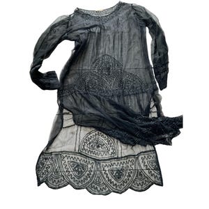 1920’s Antique Hand Stitched Black Beaded Gown Tunic Flapper Sheer Silk Chiffon Art Deco Slip On Dress