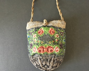 Antique Victorian Micro Beaded Purse, Small Glass Bead Evening Bag, New Lining, 6 Inch