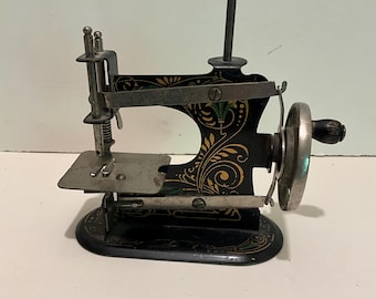 Antique Miniature Toy Sewing Machine • Made in Germany • Hand-Crank Metal & Enamel Model