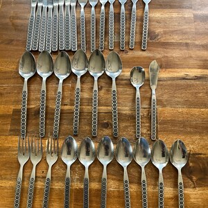 Vintage Imperial International Ramona Flatware Set, 33 Piece Stainless Atomic Starburst, 1970s