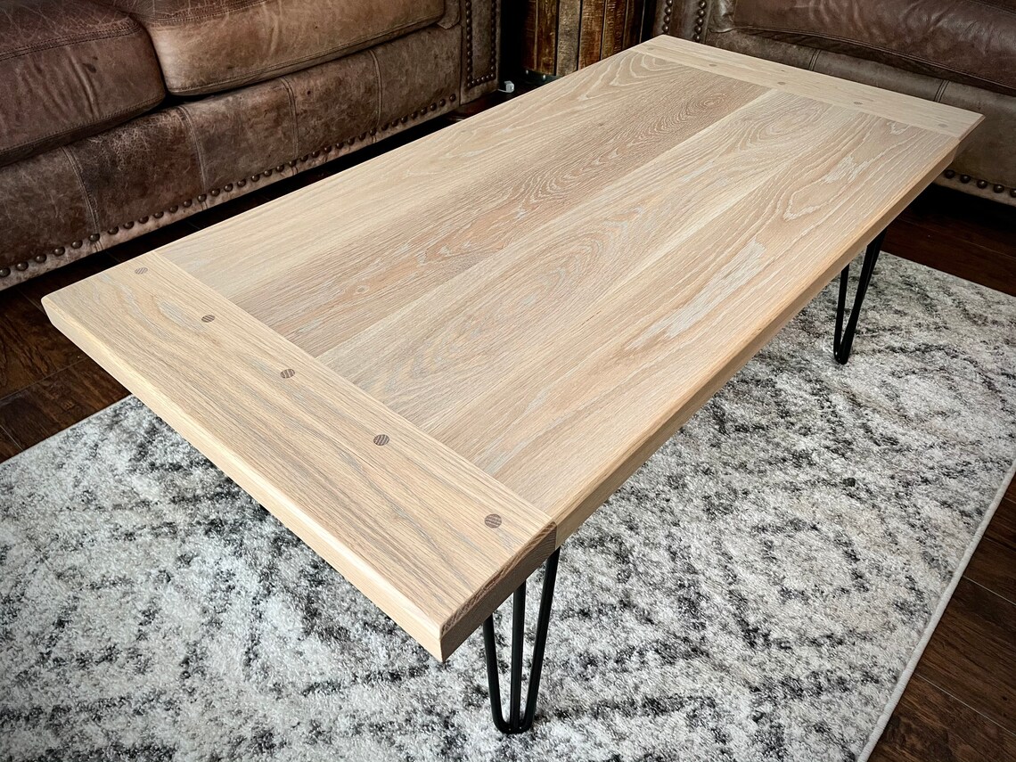 White Oak Coffee Table With Breadboard Ends and Hairpin Legs local