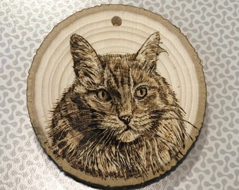 3x3" Custom Cat Portrait Christmas Ornament - fait à la main, personnalisé, chat, combustion du bois, mémorial