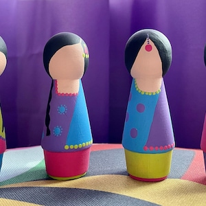 Hand-Painted Desi Girl Peg Dolls | Peg People | Wooden Dolls | Dot Painting | Desi | South Asian