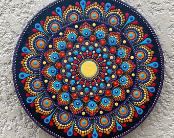 Mandala de punto pintado a mano / Lienzo redondo de 8 "/ Mandala / Arte de mandala / Arte de puntos / Pintura de puntos / Hecho a mano