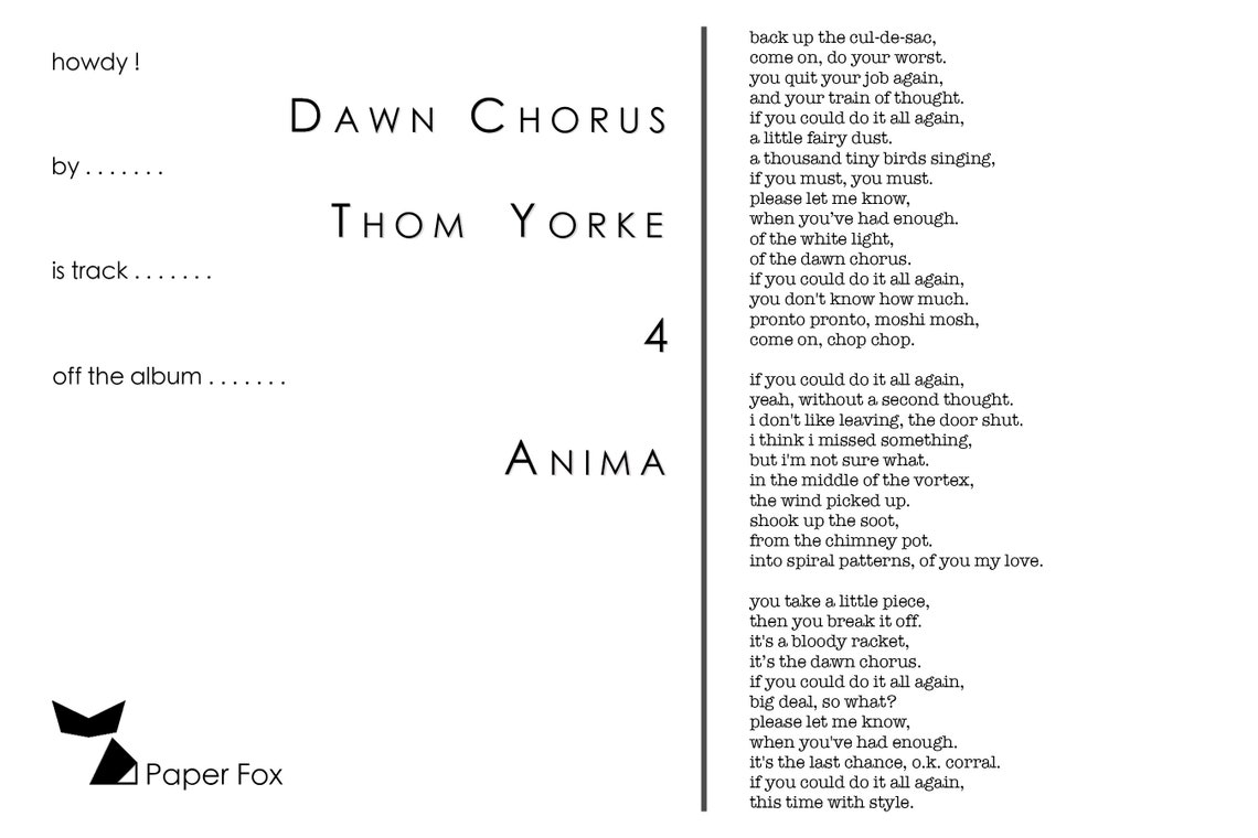 Dawn Chorus by Thom Yorke Etsy