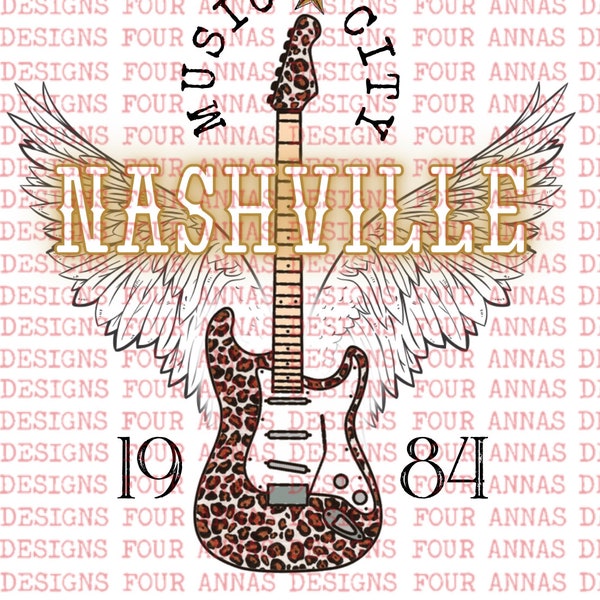 Nashville, music, Country, city, 1984, guitar, leopard, vintage, glitter, retro, boho, leopard print, PNG, sublimation designs, Groovy