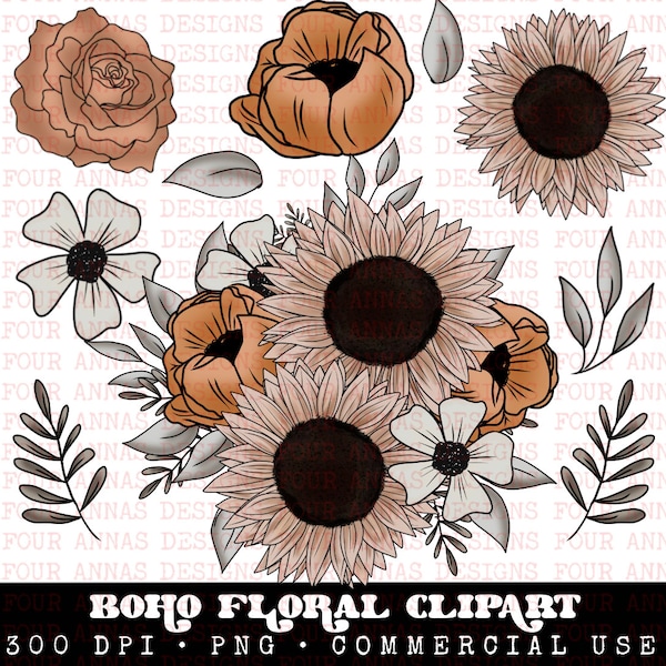 Boho flowers, digital elements, clipart, PNG, roses, clipart set, bundle, warm, leaves, bouquet, element, commercial use, PNG, summer, cone