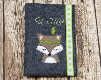 U-Heft Hülle mit Impfpass Boho Fuchs grün mit Wunschname Filz, Geschenk zur Geburt, Taufe, personalisiert