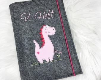 U-Heft Hülle mit Impfpass Dino Liebe rosa mit Wunschname Filz, Geschenk zur Geburt, Taufe, personalisiert