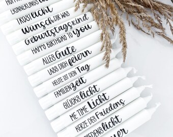 Kerzen mit Spruch / Botschaft | Stabkerze weiß mit Schriftzug | Geburtstagskerze, Trauerkerze, Glückskerze, Familienzeit