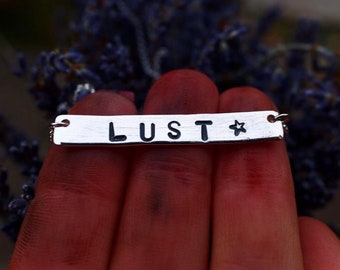 Lust sterling silver necklace | handmade | hand stamped | bohemian | love | handcrafted | gifts for her | one of a kind | bar necklace