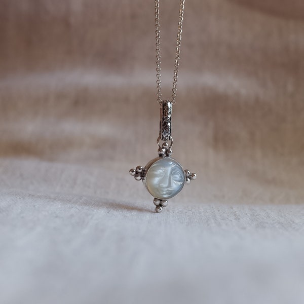 moonstone moon face necklace | handmade jewellery | recycled sterling silver | eco friendly | carved gemstone | pendent | bohemian