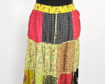 Falda larga de patchwork hecha a mano: falda bohemia de algodón reciclado