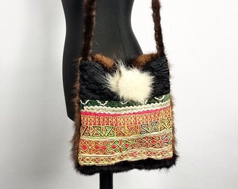 Upcycled natural fur fusion shoulder bag with Hazara & Kuchi ethnic embroidered accents - Afghan Haraza fusion bag with upcycled vintage fur