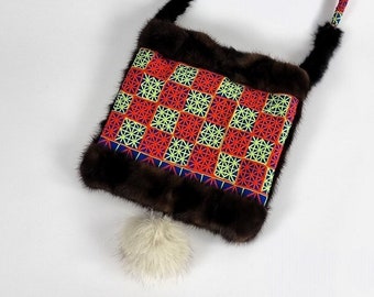 Upcycled natural fur fusion shoulder bag with Hazara & Kuchi ethnic embroidered accents - Afghan Haraza fusion bag with upcycled vintage fur