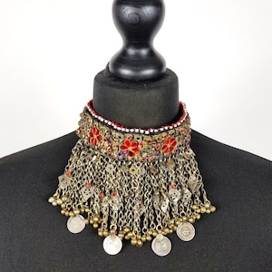 Vintage Kuchi choker necklace with glass inlay & antique coins
