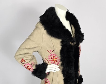Vintage Afghan Suede Coat: Floral Embroidery, Faux Fur Trim