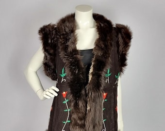 Vintage suede embroidered bodywarmer with faux fur