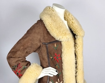 Long vintage 1960s Afghan penny lane coat with leather accents - sheepskin shearling coat