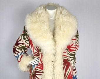 Heavy winter coat made from vintage embroidered fabrics with fur - one of a kind upcycled Afghan suzani style coat with natural sheep fur