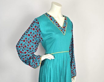 Vestido afgano de algodón hecho a mano: Bordado floral retro, Talla L