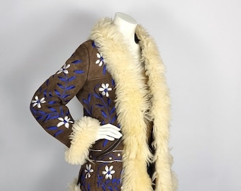 Half long vintage Afghan penny lane coat - winter sheepskin coat with deluxe floral embroidery & natural sheep hide