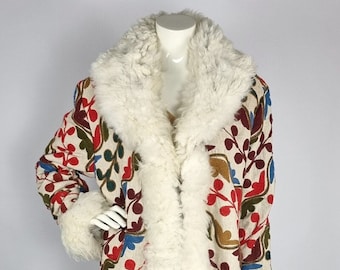 Upcycled Afghan Suzani Coat: Embroidered Vintage Fabric with Sheep Fur