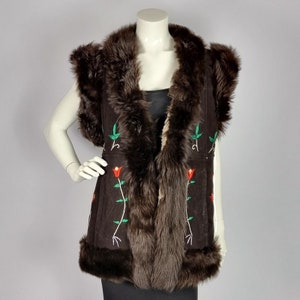 Vintage suede embroidered bodywarmer with faux fur