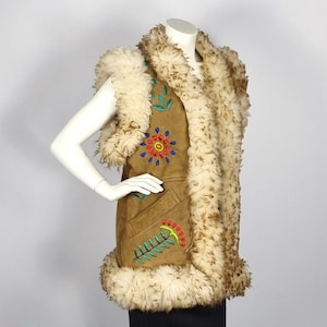 Vintage suede embroidered bodywarmer with natural sheep fur