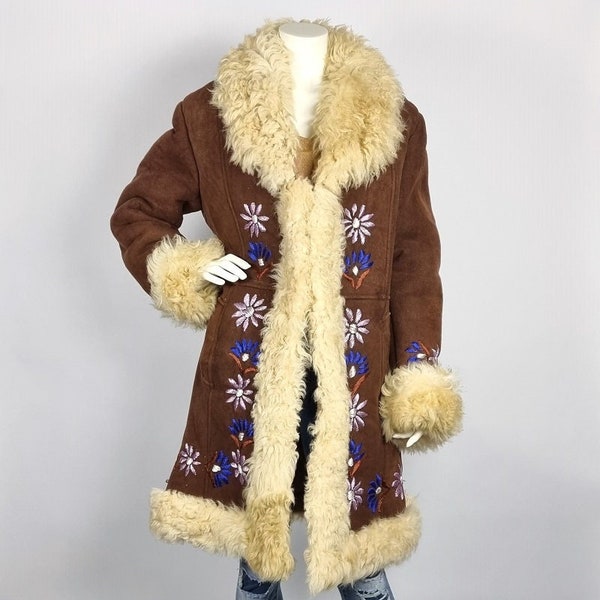 Half long vintage Afghan penny lane coat - winter sheepskin coat with floral embroidery & natural sheep hide