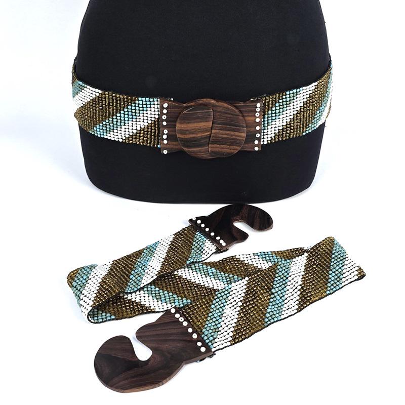 Handmade Beaded Stretch Belt: XL Wooden Clasp, Indian Design  display picture 3