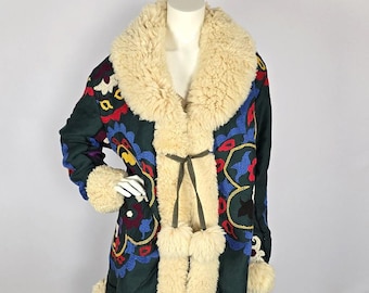 Upcycled Suzani Winter Coat: Vintage Embroidered Fabric & Sheep Fur