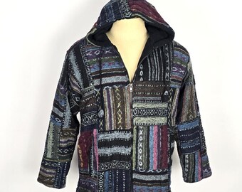 Chaqueta unisex de patchwork con capucha grande – Algodón Kempt lanudo y forro polar