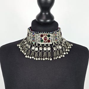 Tribal Kuchi choker necklace with glass inlay & miniature bells from Afghanistan, handmade statementchoker, bridal - wedding choker necklace