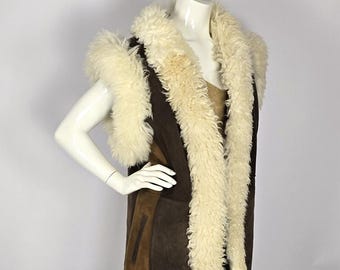 NEW ARIVAL: Long gender-neutral patchwork suede bodywarmer vest with sheep fur - Unisex Afghan waistcoat with natural sheep hide trimmings