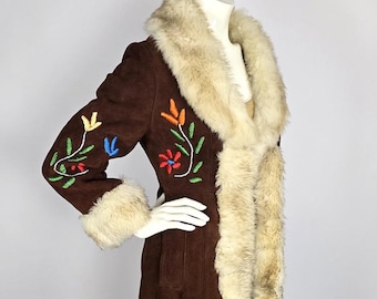 Vintage Afghan Coat: Suede Penny Lane Coat with Floral Embroidery