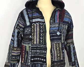 Chaqueta unisex de patchwork con capucha grande – Algodón Kempt lanudo y forro polar