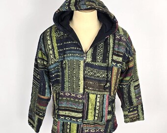 Chaqueta unisex de patchwork con capucha grande – Algodón Kempt lanudo y forro polar