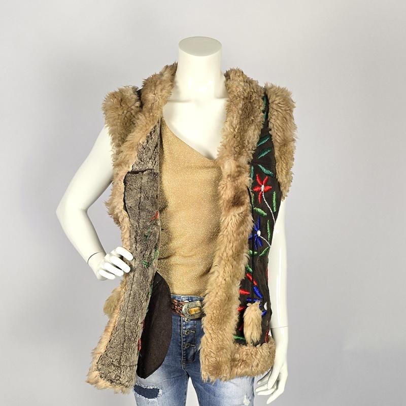 Vintage Afghan Suede Vest: Embroidered Boho Faux Fur Gilet - Etsy UK