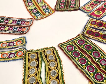 Vintage Kuchi pocket embellishment border - Afghan pocket border with beads and mirrorwork - vintage tribal nomad patch application