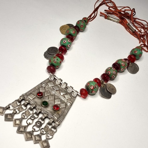 Tribal Afghan statement necklace with antique and… - image 1