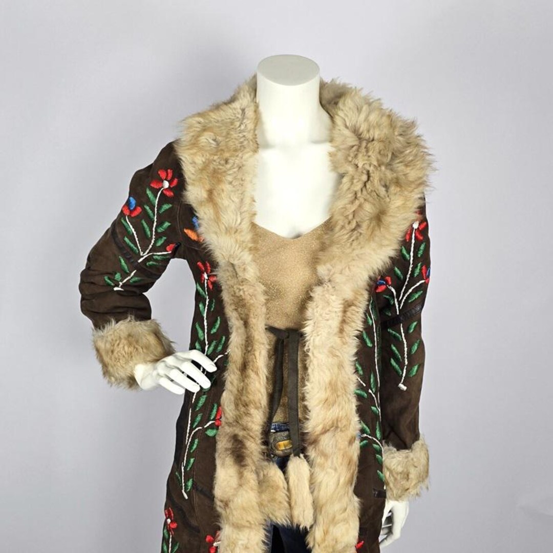 Embroidered Afghan Suede Coat: Floral Penny Lane Style, Faux Fur