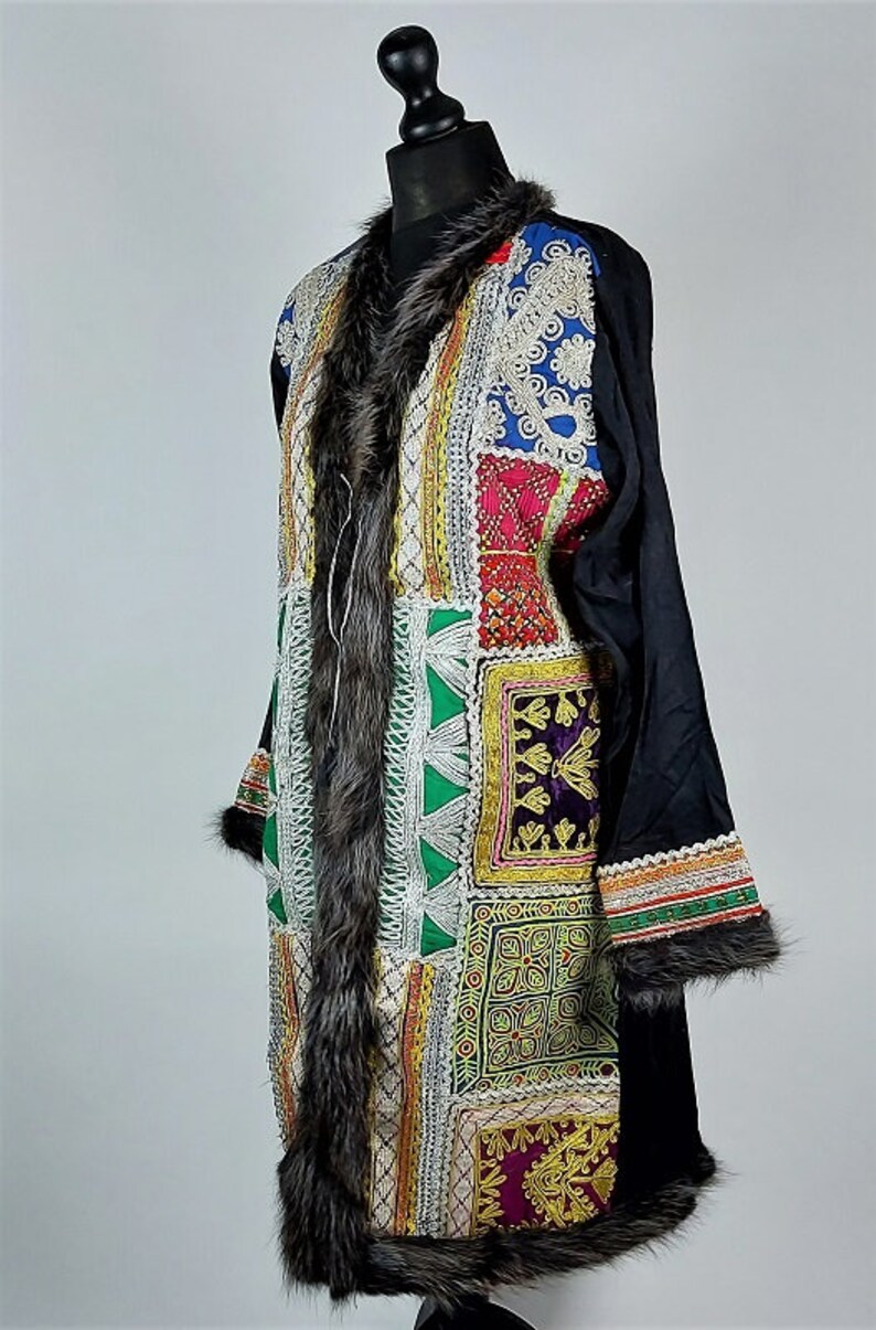 Chapan Robe Vintage Embroidered Afghan Chapan Robe: Kuchi Fabric, Rabbit Fur Trim ...