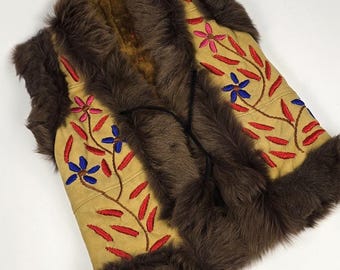 Vintage Kids Afghan Vest: Embroidered Faux Leather & Fur Bodywarmer