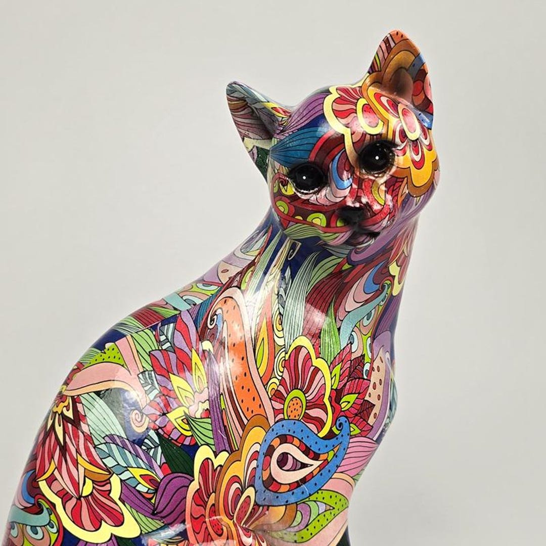 Pop Art Cat Figurine: Oriental Floral Papier-mache Resin Sculpture