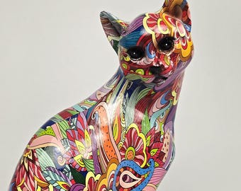 Pop Art Cat Figurine: Oriental Floral Papier-Mache Resin Sculpture