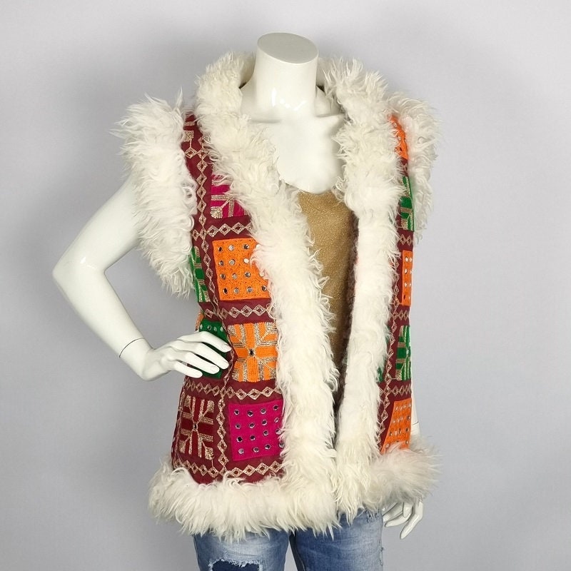 Trendy Afghan bodywarmer vest with mirrorwork and fur