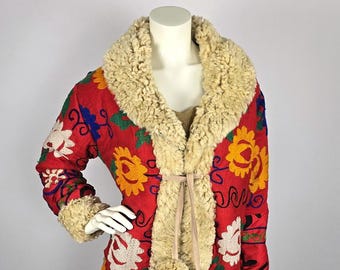Upcycled Suzani Winter Coat: Vintage Embroidered Fabric & Sheep Fur