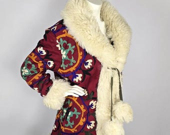 Upcycled Suzani Winter Coat: Vintage Embroidered Fabric & Sheep Fur