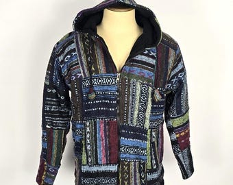Chaqueta unisex de patchwork con capucha grande – Algodón Kempt lanudo y forro polar